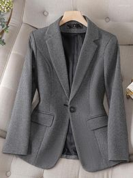 Women's Suits Ladies Formal Plaid Blazer For Autumn Winter In Women Long Sleeve Single Button Grey Apricot Casual Jacket Female Work Coat