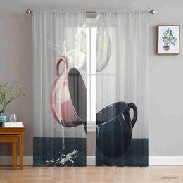 Curtain Coffee Cup Frame Tulle Curtains for Living Room Home Decor Bedroom Kitchen Chiffon Sheer Curtains Printed Curtains R230816