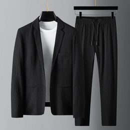 Mens Tracksuits Spring Summer Fashion Suit Men Blazer Pants Stripe Pleats Long Sleeve Turndown Collar Jacket Drawstring Trousers for Wedding 230815