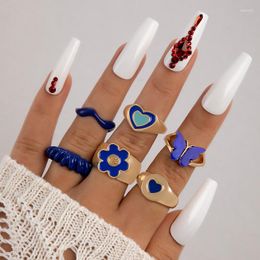 Cluster Rings Vintage Cute Little Flower Butterfly Six Piece Ring Setfor Women's Geometric Love Oil Dropping Blue Joint Set 23445