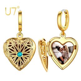 Hoop Huggie U7 Vintage Hollowed Out Star Flower Heart Po Locket Dangle Earring with Birthstone Customized Engraving Picture Jewelry 230815
