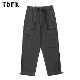 Men's Pants MultiPocket Cargo Joggers Mens Top Stitch Safari Style Solid Color Elastic Waist Loose Wide Leg Trousers Men 230815