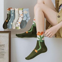 Women Socks Soft Cotton Breathable Sweet Flowers Print Ruffle Middle Tube Lady Girl JK Korean Harajuku Sock Sokken