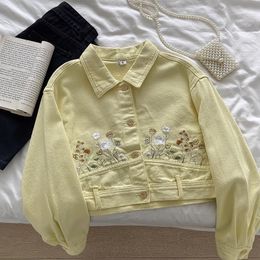 Womens Jackets Denim Jacket Mori Girls Spring Autumn Japan Style Harajuku y2k Embroidery Short Coat Yellow Jean Casual Tops 230815