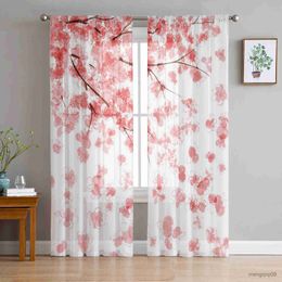 Curtain Pink Cherry Blossoms Tulle Curtains for Living Room Bedroom Decoration Chiffon Sheer Kitchen Window Curtain Drapes R230816