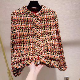 Women's Jackets Fashion High Quality Colourful Plaid Wool Woven Jacket For Women 2023 Silk Lining Hook-Button Long Sleeve Outerwear Female
