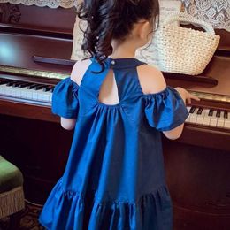 Girl's Dresses Girls' Summer Dress New Fashion Baby Off Shoulder Strap with Bubble Sleeves Over Knee Mid length Dress Trend