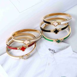 Aj0w Bracelet Bangle Lucky Four Leaf Grass Titanium Steel Light Luxury Enamel Advanced High Colour Preservation Style Girl