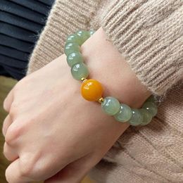 Link Bracelets Natural Hetian Jade Green Round Beads Bracelet Women Stone Jewelry Gemstone Gift Handmade Strand