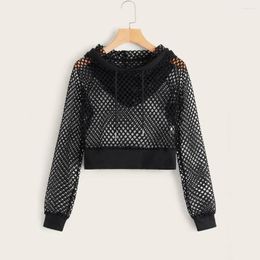 Women's Hoodies Cropped Sweatshirts For Women Solid Hollow Out Mesh Drawstring Hoodie Long Sleeve Blouse Pullover