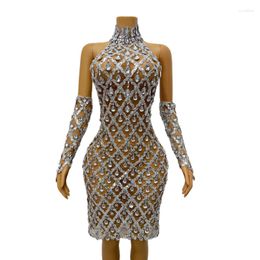 Stage Wear Sparkly Sequins Big Rhinestones High Neck Sleeveless Birthday Dress Fashion Evening Celebrate Transparent Outfit Stretch Costume