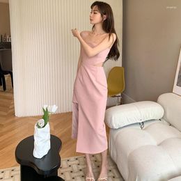 Casual Dresses Elegant A Line Sling Strap Long Dress Solid Color Viscose Fiber Lady Slim High Waist Side Slit Sleeveless Backless Vestidos