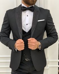 Customise tuxedo One Button Handsome Shawl Lapel Groom Tuxedos Men Suits Wedding/Prom/Dinner Man Blazer Jacket PTwo Buttonsants Tie Vest W12616