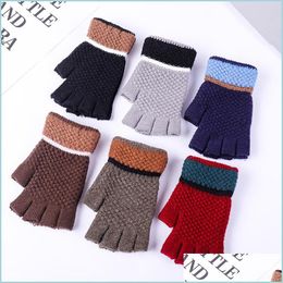 Fingerless Gloves Mens Glove Knitting Pure Color Splicing Writing Half Fingers Mitts Winter Anti Cold Keep Warm Expose 3 7Lc Drop Deli Dhr5F