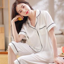 Sleepwear Womens Fashion Lace White Home Clothing Young Girls Silk Satin Pajamas Sets Femme Short Sleeve Pyjama Loungewear Homewear Pijamas