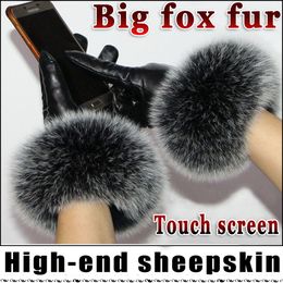 Five Fingers Gloves High-grade women's leather gloves sheepskin winter warm plus velvet thick cuffs big fur gloves touch screen gloves 230815