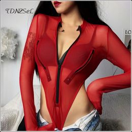 Women's Jumpsuits Romper Long Sleeve Sheer Mesh Bodysuit Sexy Streetwear Transparent See Through Playsuit Club Exotic Party 230815