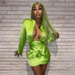 Work Dresses VAZN 2023 Autumn Green Shirt Dress Set Solid Chiffon Sexy Young Overalls Full Sleeve Mini Skirts High Waist Women 2 Piece