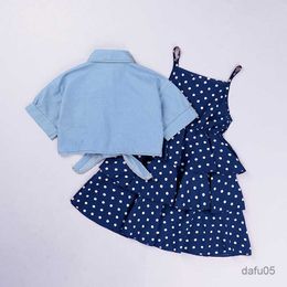 Clothing Sets 2023 Summer Girls Dresses Children's Clothing Sets Short-sleeved Denim Jacket +Skirt Suit Dot Dress Set for 3-14Y R230816