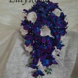 Wedding Flowers EillyRosia Blue&Violet Picasso Cascade Bridal Bouquet Galaxy Orchids White Calla Lily Rhinestones Destination