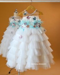 Girl Dresses Luxury White Flower Dresse Feathers Beads Kids Birthday Party Gowns With Bow Tiered Ruffles Children Little Girls