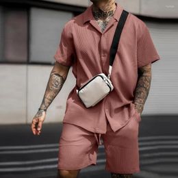 Men's Tracksuits Cotton Mens Tracksuit 2 Piece Set Summer Solid Colour Sport Fashion Suit Men Lapel Short Sleeve Shirt Shorts Casual Sets