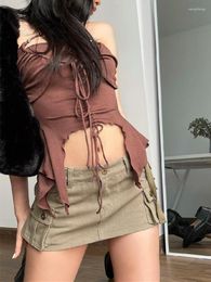 Women's Tanks Halter Lace Up Ruched Women Cute Crop Top Green Color Brown Knitted Irregular Beach Sweats Party Tee
