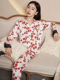 Women's Sleepwear CRLAYDK 20233 Spring Women Pyjamas Set Flower Printed Lace Cuff Silk Loungewear Button Down Notch Collar Two Piece Pjs