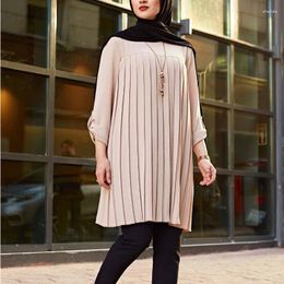 Ethnic Clothing Fashion Women Blouse Dress Muslim Women's Casual Pleated Mini Long-sleeved O Neck Plus Size Top Ropa Musulmana Mujer