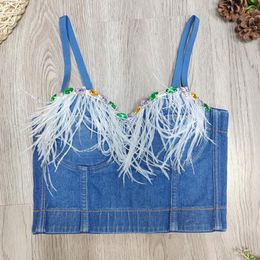 Women's Tanks 2023 Women Denim Bustier Bra Diamond Feather Camisole Slim Backless Cropped Top Female Sexy Nightclub Party Tank Y4119