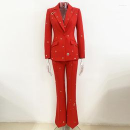 Women's Two Piece Pants Red Fashion Long Pant Suits For Women 2 Sets Metal Hole Single Button Office Jacket Flared High Street Blazer