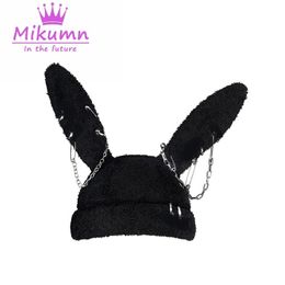 Beanie/Skull Caps Gothic Grunge Rabbit Ear Hat Harajuku Y2k Punk Chain Pin Metal Ring Lambswool Black Hat Women Girls Winter Warm Chic Streetwear 230815