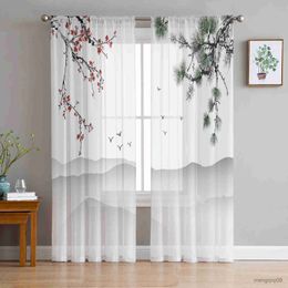 Curtain Plum Blossom Branch Ink Bedroom Tulle Curtains Hotel Home Decor Sheer Curtains for Living Room Chiffon Printed Drapes R230816