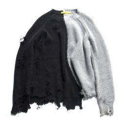 Men's Sweaters Autumn winter men ripped hole patchwork oversized knitted sweater irregular design hip hop punk knitwear women vintage pullover 230815