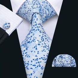 Sky Blue With white Flowers Small Fresh Mens Tie Hankerchief Cufflinks Set Silk Business Casual Party Necktie Jacquard Woven N-502299z