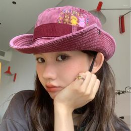 Berets Cute Cartoon Embroidered Babes Bucket Hat Summer Outdoor Shade Western Cowboy Hiking Caps For Men Japanese Y2K Women's Hats