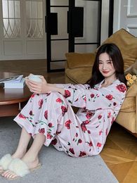 Women's Sleepwear Women Pyjamas Set Rose Floral Long Pants Pyjama Suit For Fall Winter Satin Silk Casual Elegant Nightwear