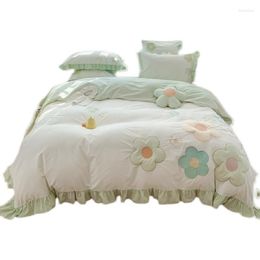 Bedding Sets Fresh Cotton Yarn-Dyed Washed Four-Piece Cartoon Small Flower Embroidered Quilt Soft Breathable