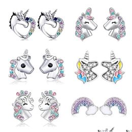 Stud Unicorn Earrings 925 Silver Multi Colour Rhinestone Small Heart Cat Rainbow Earring For Women Fashion Jewellery Gifts Drop Delivery Dhw0N