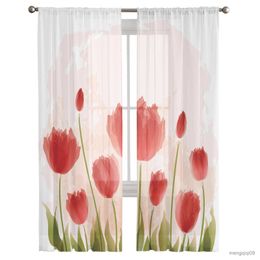 Curtain Tulip Red Watercolour Painting Bedroom Curtain Window Treatment Drapes Tulle Curtain for Living Room Sheer Curtains