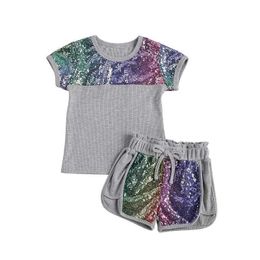 Clothing Sets Baby Summer Clothing Kid Sequin Ribbed Outfits Set Round Neck Short Sleeve Top Elastic Head Sequin Shorts Autumn Colorful