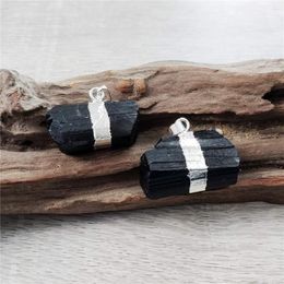 Pendant Necklaces FUWO Natural Black Tourmaline Silver-Plated Rough Stone Jewelry Accessories For Women Necklace Making PD181 5Pieces/Lot