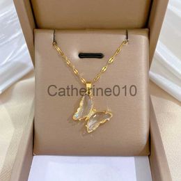 Pendant Necklaces New Trendy Luxury Zircon Butterfly Pendant Necklace For Women Stainless Steel Clavicle Chain Female Party Temperament Jewelry J230817