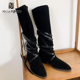 Dress Shoes Long Boot's Pointed Toe Nubuck Leather Laceup High Boots Fashionable Allmatch Pile Slip on Suede Chic Bootie 230816