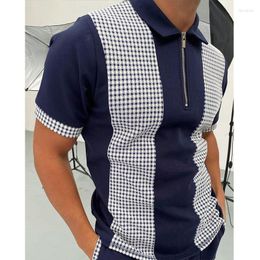Men's Polos POLO Shirt Zipper Check Color Matching Men T-shirt Clothing