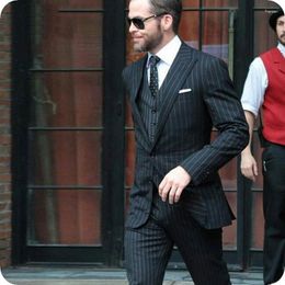 Men's Suits Black Classic Vertical Stripes Men Suit Custom Made Wide Peaked Lapel Slim Fit Groom Tuxedo 3Piece Formal Business Costume Homme