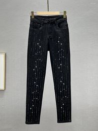 Women's Jeans For Women 2023 Autumn Clothes Fashion Stretch High Waist Slim Fit Show Thin Black Rhinestone Tappered Pencil Pants