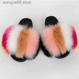 Slippers Solid Color Faux Fox Fur Slides Summer Ladies Furry Sandals Casual Flat Shoes Fake Fur Slippers Drop Shipping Women Shoes 2020 T230817