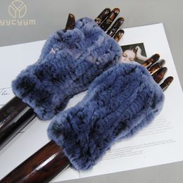 Five Fingers Gloves Arrival Women Knit Fur Mitten Girls 100% Real Genuine Knitted Rex Rabbit Fur Mittens Winter Warm Real Fur Fingerless Gloves 230816