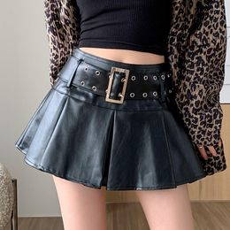 Skirts Harajuku Sweet High Waist Belt PU Pleated Skirt Women All Season Girls Sexy Cute Streetwear Y2k Mini Drop